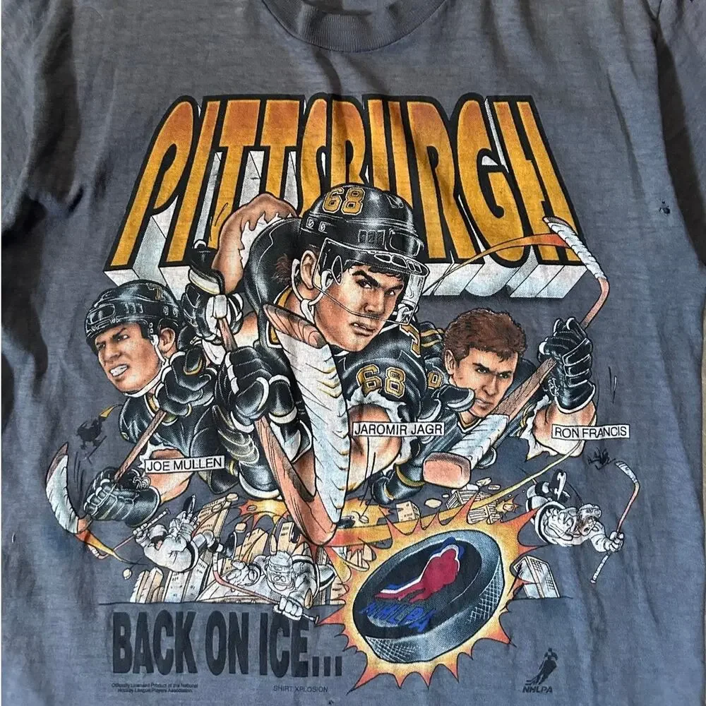 90s Vintage Pittsburgh Penguins Caricature Gray T Shirt -M
